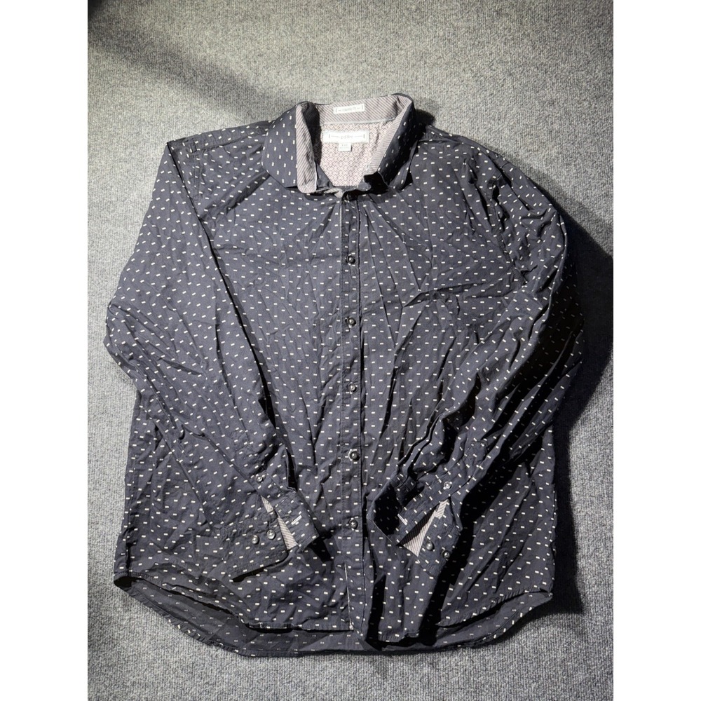 PD&C Mens XXL Navy Blue Geometric Dash Print Classic Fit Cotton Button DownShirt